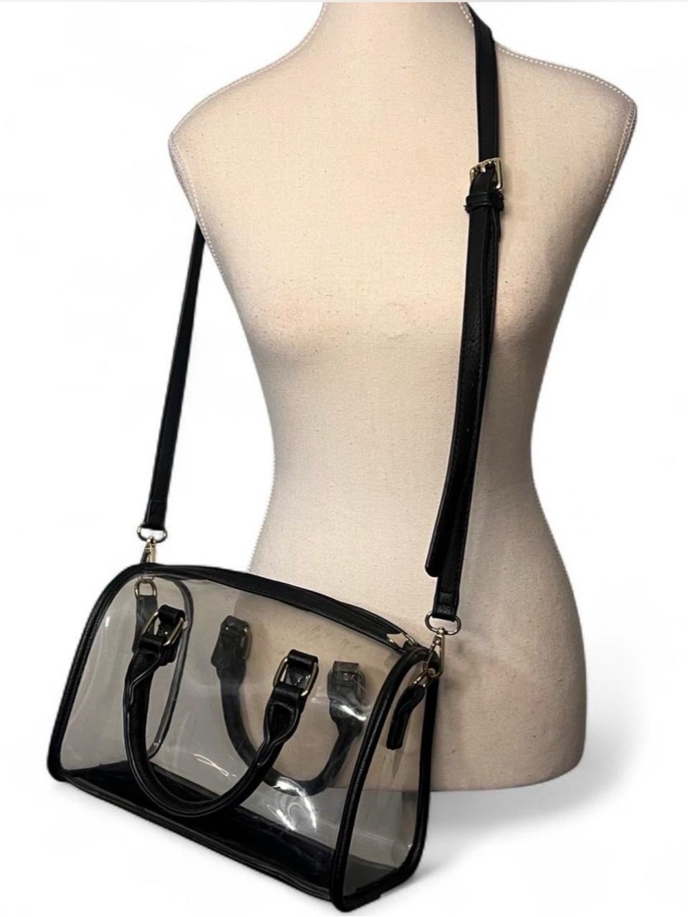 Clear PVC handbag shoulder bag Satchel with Black Trim - Picture 2 of 8